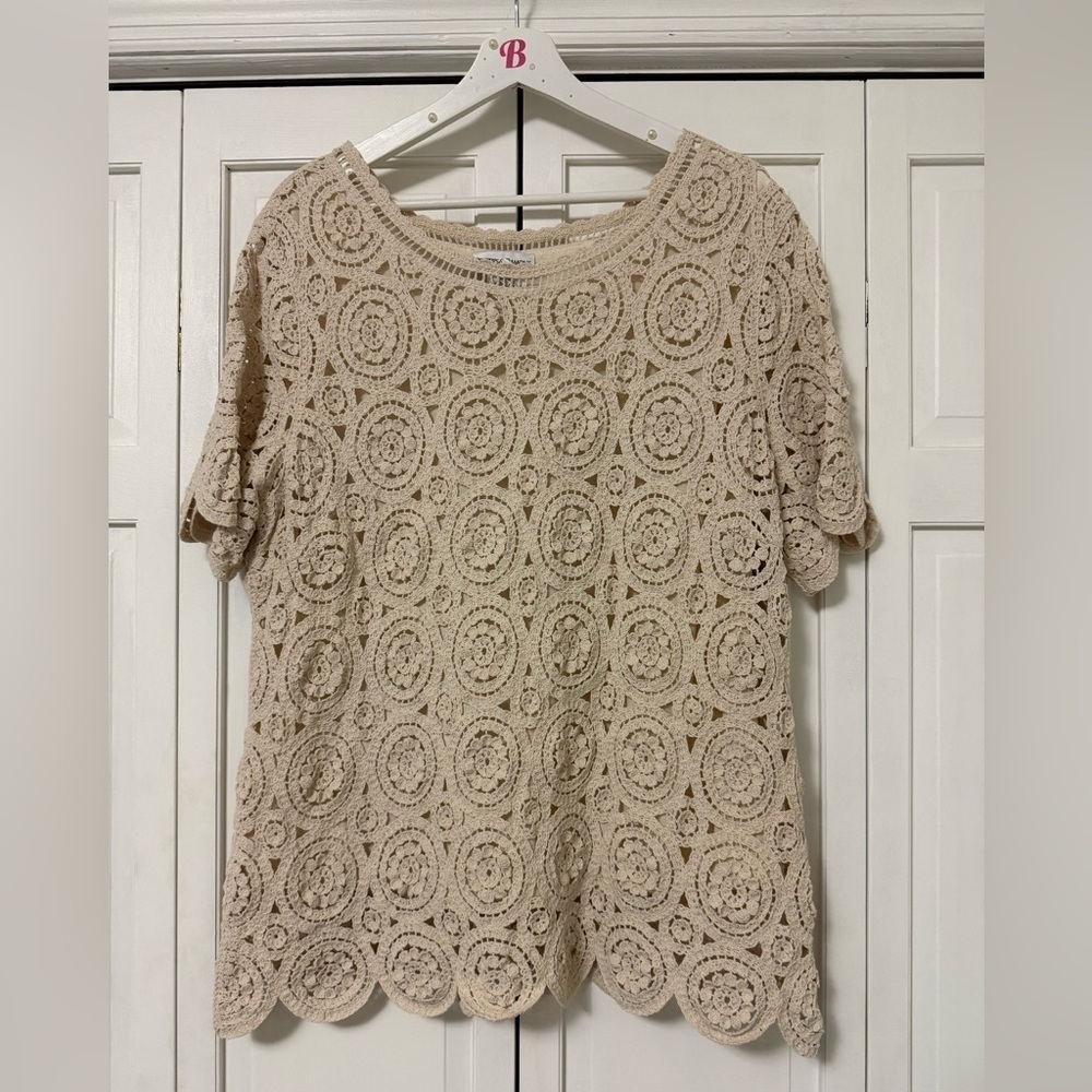 Drapers & Damons Crochet Macramé Ivory Short Sleeve Blouse XL Cottagecore